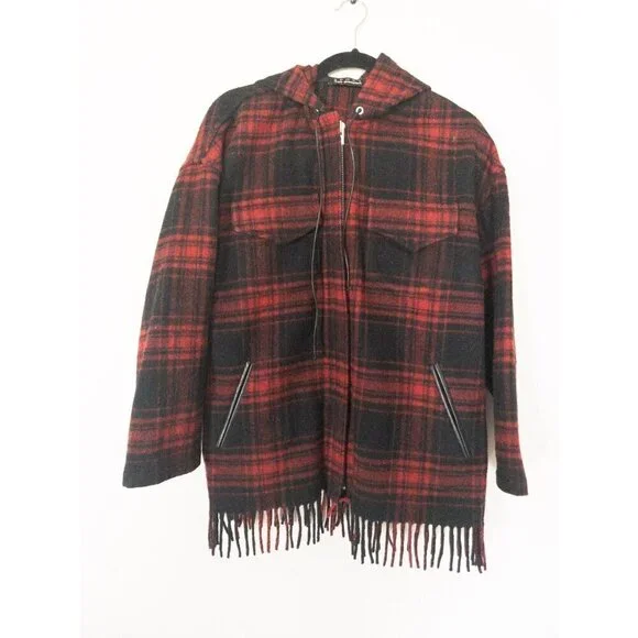 The Kooples Buffalo Plaid Red Wool Sweater Coat Fringe  SZ M - Picture 2 of 13